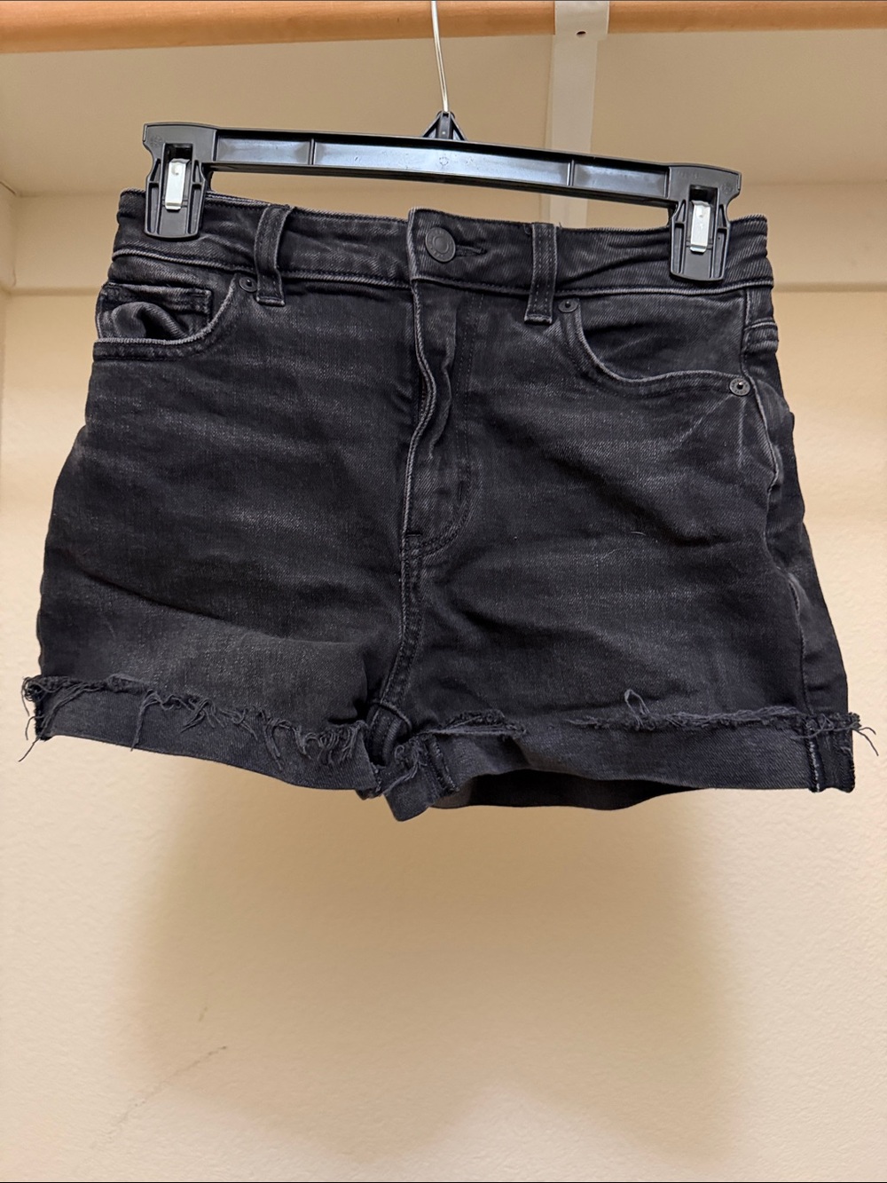 American Eagle stretch High-Rise Black Denim Cutoff Shorts with Frayed Hem